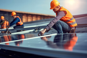  professional worker installing solar panels on the roof of building 