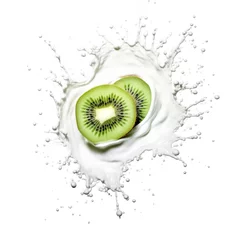 Poster Fresh kiwi with vivid juice and water splashes isolated on white background, generative AI © fotogurmespb