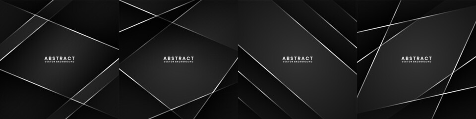3D black techno abstract background set. Overlap layer on dark space with silver lines effect decoration. Modern graphic design element cutout style concept for banner, flyer, card, or brochure cover