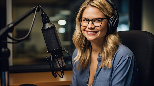 woman podcaster recording an audio podcast in a radio station or podcast studio, with a focus on her face. Generative Ai