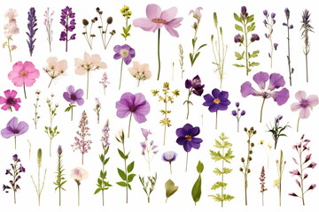 Arrangement of spring purple flowers against a white background. Blooming concept. Flat lay