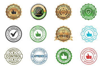 Set Quality Control Approved Stamp, Badge, Icon, Seal, Emblem, Quality Assurance Label, Quality Concept, Service, Controller, Patch, Rubber, Product, Sticker, Vector Illustration