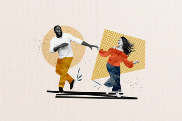 Banner party placard collage of two youth people dancing chilling weekend catch rhythm black white style isolated on drawn background