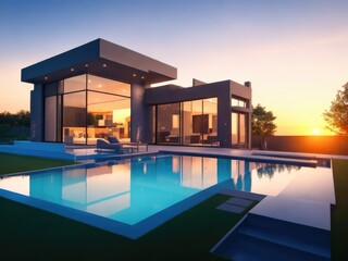 Modern house surrounded with an outdoor pool with sunset 3d rendered ai generated
