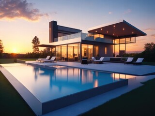 Modern house surrounded with an outdoor pool with sunset 3d rendered ai generated