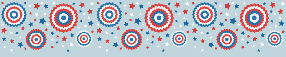 Seamless border garland with paper fans and stars in American colors. Decorations for USA independence day. Isolated vector illustration.
