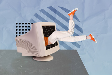 Sketch 3d artwork picture image pop collage of female body funky girl jumping inside big obsolete...