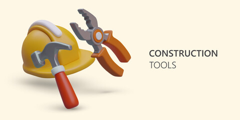 Builders personal tools. Realistic hard hat, hammer, pliers. Replanning, reconstruction and redesign. Banner with place for text. Advertising poster template