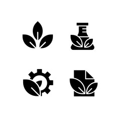 Environmental friendly industry black glyph icons set on white space. Nature protection. Renewable power sources. Silhouette symbols. Solid pictogram pack. Vector isolated illustration