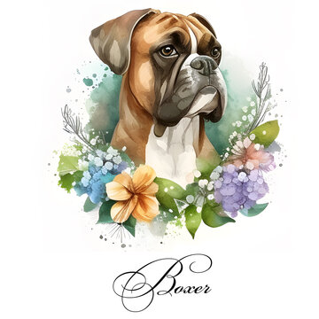 Watercolor illustration of a single dog breed boxer with flowers. AI generated. Dog portrait.