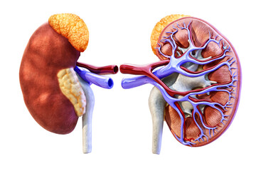Human kidney cross section, anatomy medical illustration. Kidney physiology disease, anatomical 3D organ model with ureter, blood vessels, renal cortex, vein, artery, medulla, adrenal glands, PNG