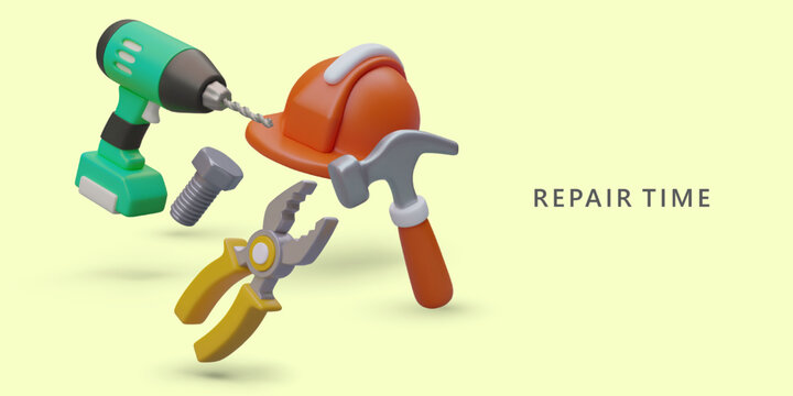 Time to repair house. Tools for home repair. Professional protective equipment. Banner with floating 3D objects. Tool shop advertising template with text part