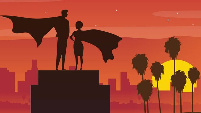 Business man and woman superheroes Partner on Top of The City. Super Business people Against Cityscape Sunset Looking to The Building. Achieve Success Concept 