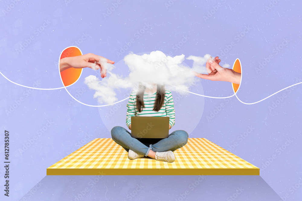 Aufkleber poster sketch artwork picture 3d photo collage of weird unknown unusual lady sit sky work use netboo
