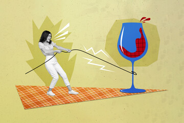 Creative composite collage of young excited girl scream drag rope huge glasswine drinking tasty red...