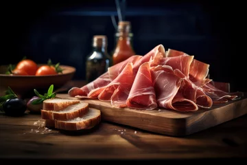 Keuken foto achterwand Macrofotografie Thin slices of prosciutto, composition with bread on wooden cutting board, black background. Delicious bacon shot. Generative AI photo imitation.