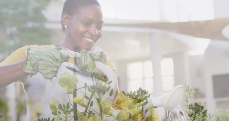 Video of plants waving over smiling african american woman watering garden