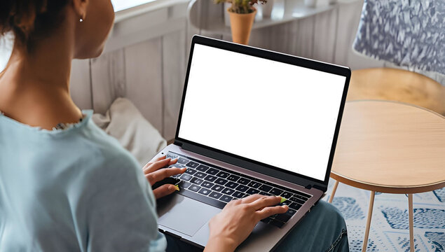woman working on laptop, Young woman using laptop computer with blank empty mockup screen, laptop, computer, business, keyboard, hand, AI generated