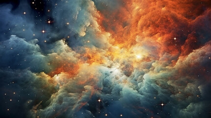 Fototapeta na wymiar A stunning photograph of the Orion Nebula, a stellar nursery, with vibrant colors and intricate details of young stars being born Generative AI