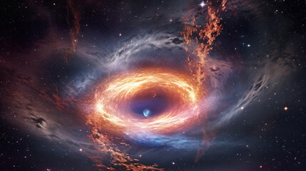 An awe-inspiring image of a supermassive black hole at the center of a galaxy, surrounded by swirling gases and light, displaying the immense power and mystery of these cosmic phen Generative AI