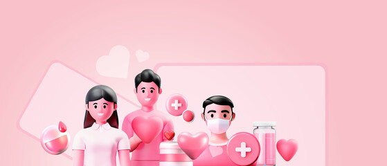 World Blood Donor Day. Annual blood service concept and hospital patient assistance in pink background. Doctors, nurses, treatment, blood donors, website, 3d rendering