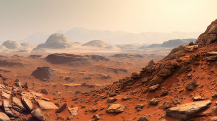 An otherworldly photo of the Martian landscape, with its rusty red dunes and rocky terrain, offering a glimpse into the beauty and uniqueness of our neighboring planet Generative AI