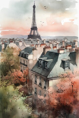 City of Paris view with Eifeltower, pink blush watercolor painting