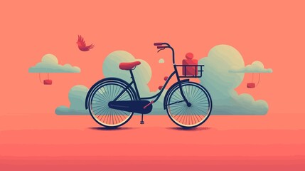 Fototapeta na wymiar Stylized Illustration of Bicycle with Clouds and Birds. Vector Artwork.