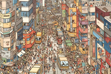 Fototapeta na wymiar A bustling cityscape filled with people rushing through crowded streets, capturing the fast-paced nature of urban life. Generative AI