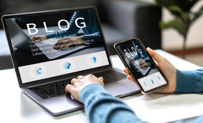 Social media online content, freelance worker, working online, content creator, woman using laptop, woman reading blog online on computer at home