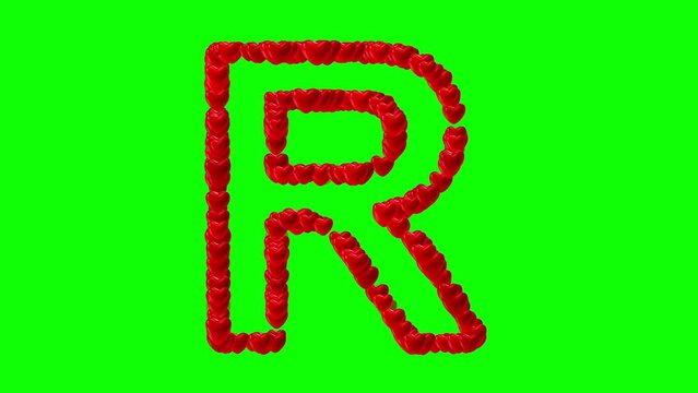 English alphabet R with red hearts on green screen background