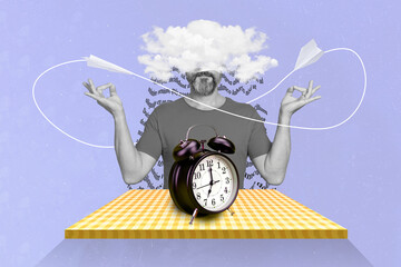 Collage 3d pinup pop retro sketch image of dreamy guy practicing morning yoga isolated violet color...