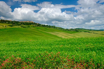 A view from "Gladiator Raod" on Pienza - famous medieval town located in Tuscany, Italy, Europe.