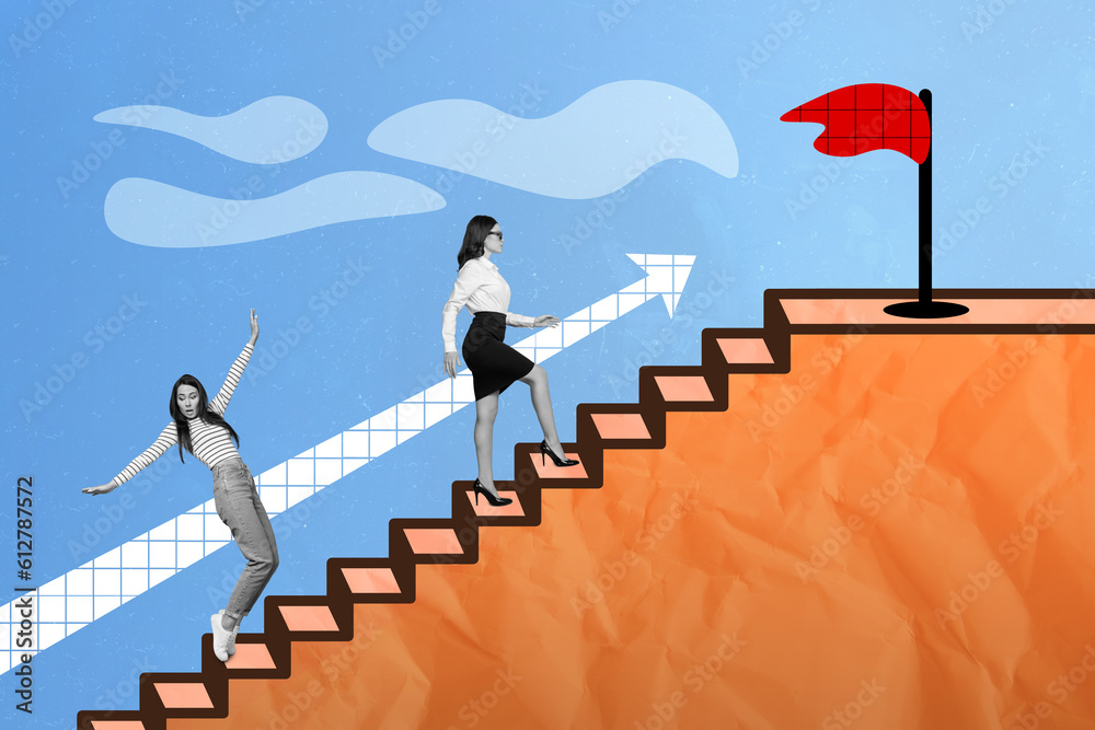 Poster collage portrait of two black white effect girls balancing walk climb stairs arrow pointer upwards t