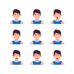 Set Of Young Man Face Expression Avatars Vector