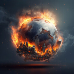 Earth globe collapse, burning, destroyed by fire. Conceptual illustration of global warming, caused by the excesses of the world of finance and industry - Generative AI