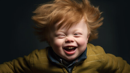 Down syndrome child, portrait of a cute happy child with down syndrome smiling. Beautiful human