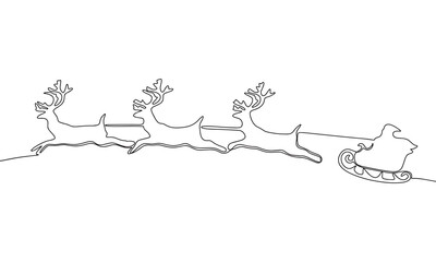 Continuous one line drawing Santa Claus cart. Santa Claus and deer are flying vector hand drawn silhouette clipart. Sketch isolated on white background