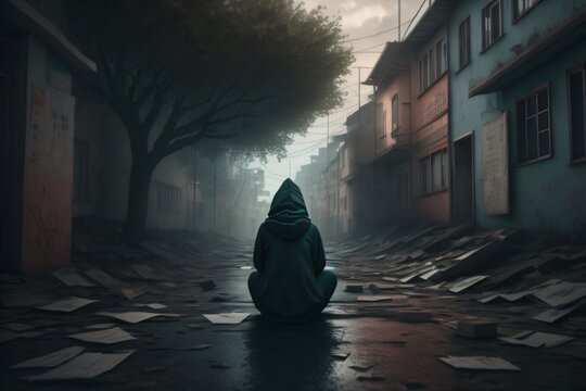 The image depicts a moody and gritty scene, with a person in a hoodie sitting on the street, lost in thought. Perfect for designs that evoke a sense of urban isolation.