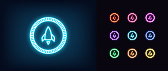 Outline neon rocket token icon set. Glowing neon token with space rocket sign, digital meme coin launch. Digital game token, virtual cryptocurrency coin, crypto startup for money earn