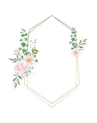 Geometry gold frame with bouquets of wildflowers. Wedding invitation decor.