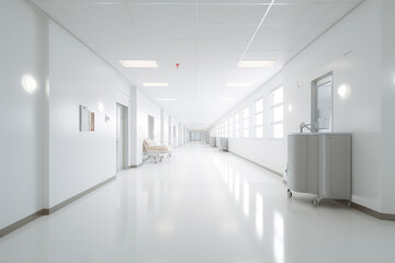 Front view of empty hospital corridor in white light color. Minimalistic clean hospital corridor without people, nobody.  Generative AI professional photo imitation.