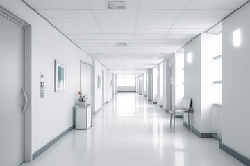 Front view of empty hospital corridor in white. Minimalistic clean hospital corridor with no one, nobody.  Generative AI professional photo imitation.