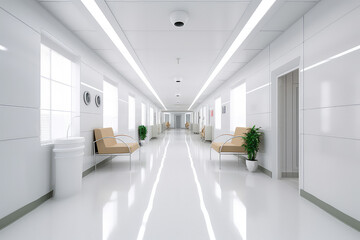 Front view of empty hospital corridor in white. Minimalistic clean trendy hospital corridor without people, nobody.  Generative AI professional photo imitation.