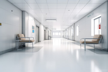 Front view of empty hospital corridor in white. Minimalistic classic clean hospital corridor without people, nobody.  Generative AI professional photo imitation.