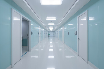 Front view of empty hospital corridor in white and blue. Minimalistic clean stylish hospital corridor without people, nobody.  Generative AI professional photo imitation.