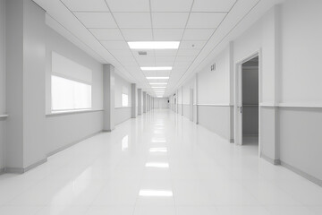 Straight Front view of empty hospital corridor in white. Minimalistic clean hospital corridor without people, nobody.  Generative AI professional photo imitation.