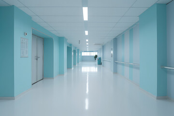 Front view of empty hospital corridor in white and pastel blue. Minimalistic clean hospital corridor without people, nobody.  Generative AI professional photo imitation.