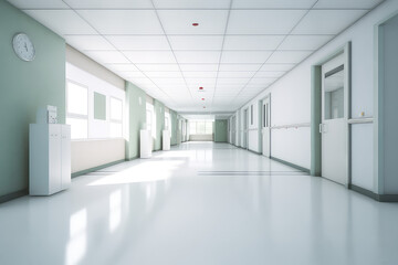 Front view of empty hospital corridor in white color. Minimalistic clean hospital corridor without people, nobody.  Generative AI professional photo imitation.
