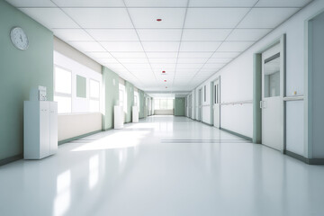 Fototapeta premium Front view of empty hospital corridor in white color. Minimalistic clean hospital corridor without people, nobody. Generative AI professional photo imitation.